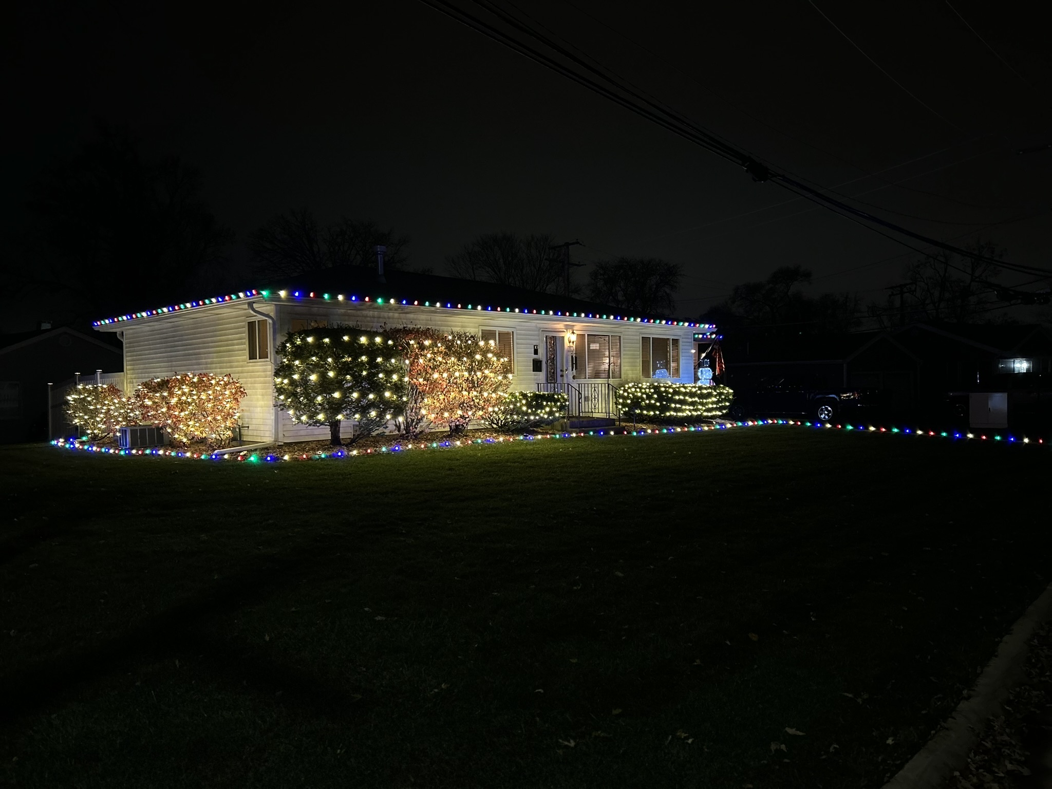 Home with multicolor roofline lights and net lighting across the front bushes